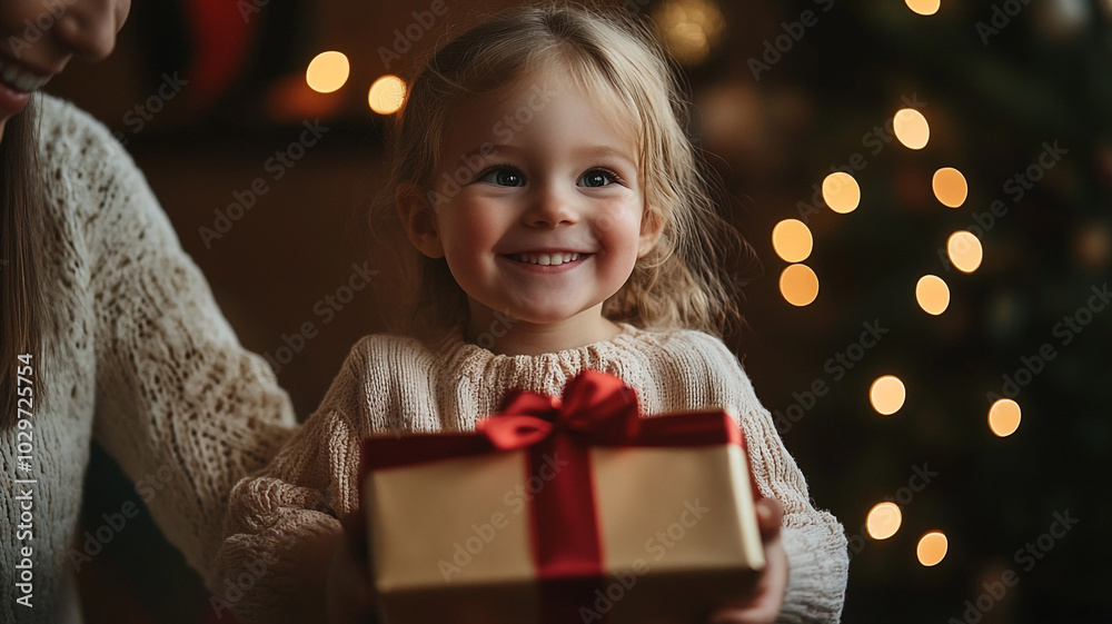 Young girl joyfully receiving a wrapped gift during a festive holiday celebration in a cozy setting Young girl joyfully receiving a wrapped gift during a festive holiday celebration in a cozy setting