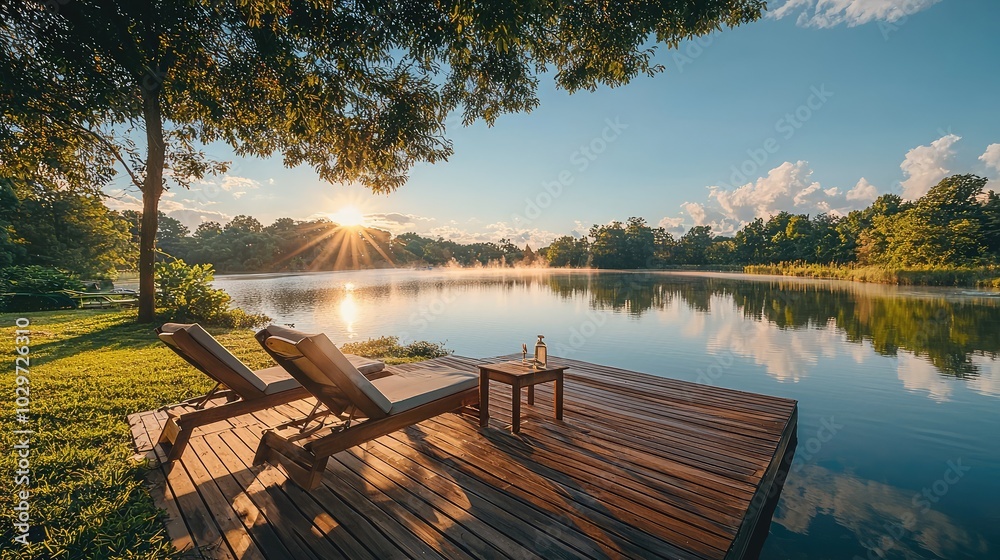Serene Wooden Deck Overlooking Calm Lake at Sunrise Serene Wooden Deck Overlooking Calm Lake at Sunrise
