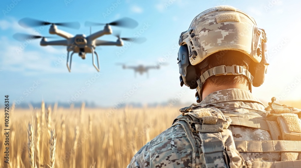 Soldier Monitoring Drone in Intense Battlefield Scenario