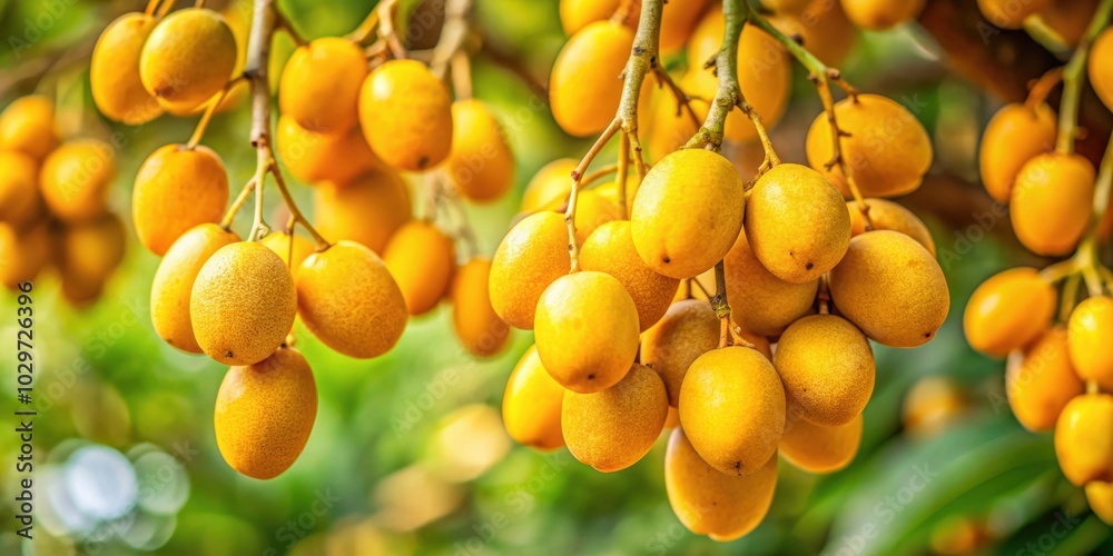 Closeup of ripe yellow ara?? fruit hanging from branches, ara??, yellow, fruit, closeup, ripe, tropical, sweet, juicy, Brazilian Closeup of ripe yellow ara?? fruit hanging from branches, ara??, yellow, fruit, closeup, ripe, tropical, sweet, juicy, Brazilian