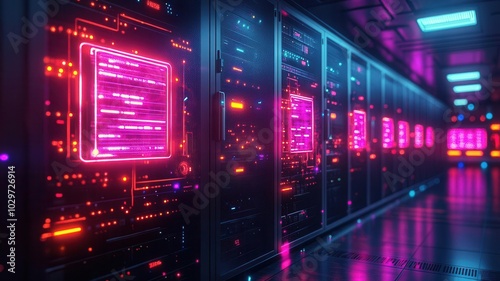 Data protection system, glowing holographic firewalls, neon-lit server room, advanced digital copyright