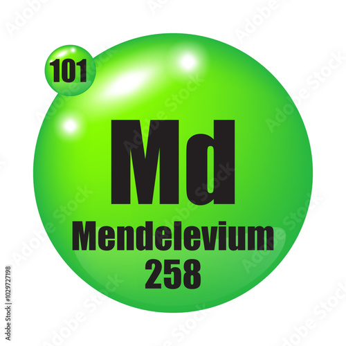 Mendelevium icon. Md chemical element. Atomic number 101. Mass 258. Green sphere image. Vector symbol.