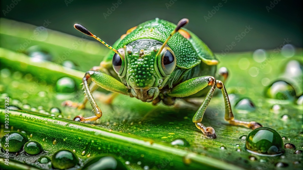 Fototapeta premium A Vibrant Green Beetle Perched on a Dew-Kissed Leaf, Its Compound Eyes Reflecting the Surrounding Nature