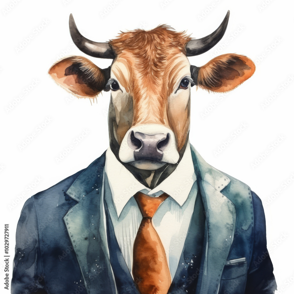 Watercolor Illustration of Cow in Business Suit - Unique Animal Portrait for Corporate and Marketing Use Watercolor Illustration of Cow in Business Suit - Unique Animal Portrait for Corporate and Marketing Use