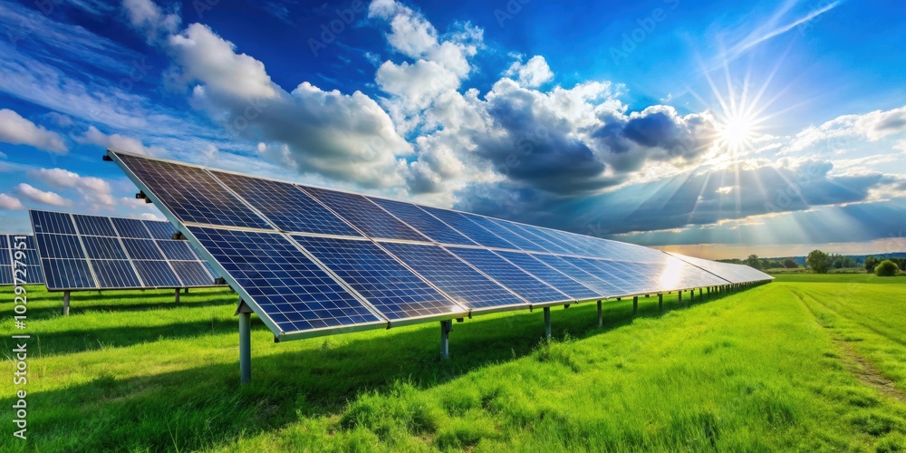 Solar panels on green grass field under blue sky, solar, green, clean, energy, sustainable, renewable Solar panels on green grass field under blue sky, solar, green, clean, energy, sustainable, renewable
