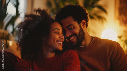 Loving couple sharing a romantic moment at home, celebrating Valentine Day with joy