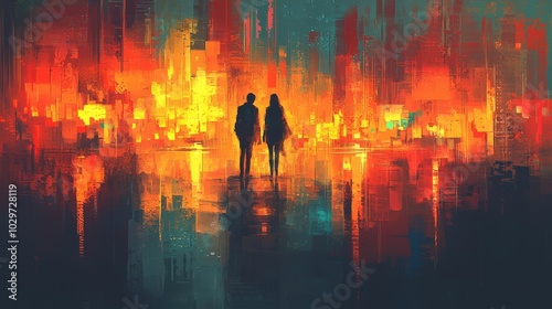 Striking 3D Illustration of Two Silhouettes at Sunset