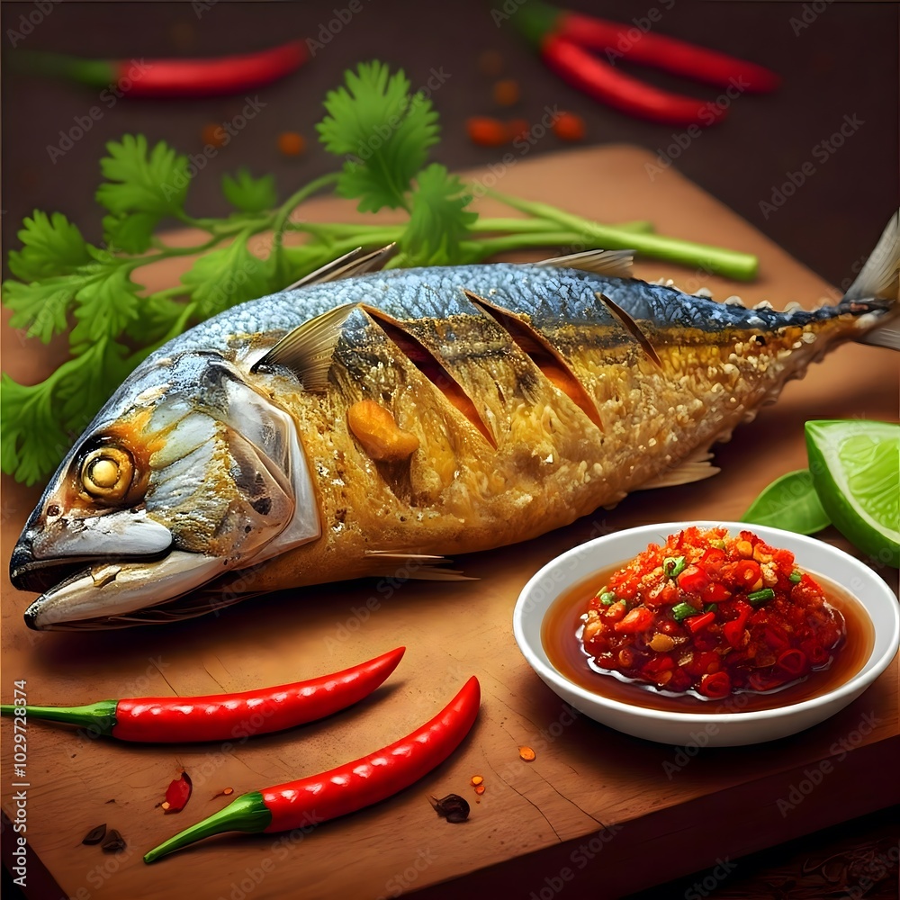 Deliciously Grilled Fish Served with Spicy Sauce, Fresh Herbs, and Red Chilis Deliciously Grilled Fish Served with Spicy Sauce, Fresh Herbs, and Red Chilis