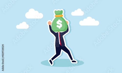 A businessman with a money bag head, illustration of business development based on strong financial fundamentals