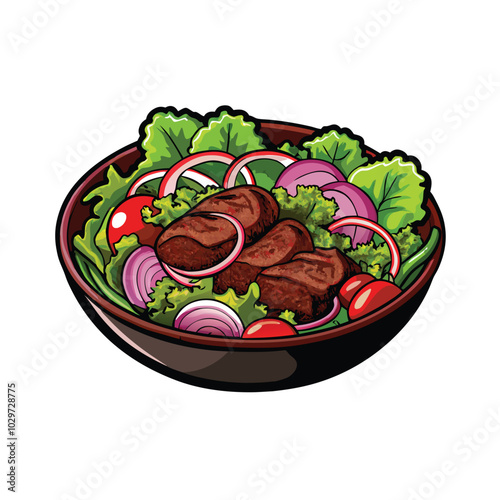 Create a realistic vector illustration of a Thai beef salad (yum nua) in a bowl with fresh ingredients, including lettuce, tomatoes, onions, and beef.