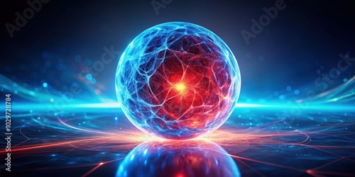 Abstract magical red sphere with luminous blue nuclei being drawn into its plasmatic field, round, red, sphere, shimmering photo