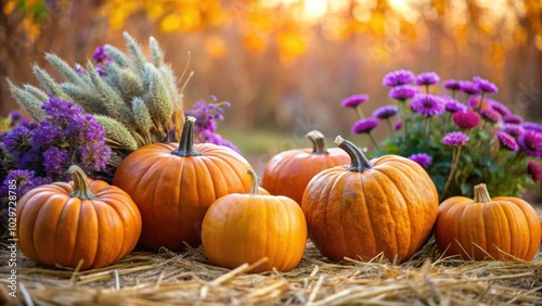 Autumn harvest of pumpkins on dried grass with purple flowers in background, autumn, harvest, pumpkins, dry grass