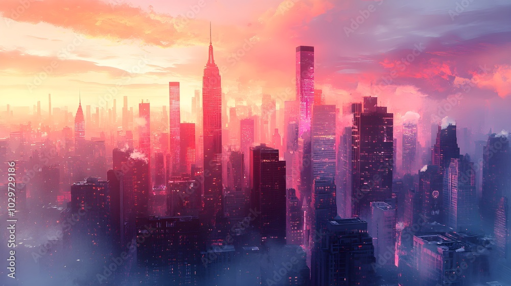 Fototapeta premium An advanced city skyline with reflective skyscrapers, detailed street murals bursting with color and energy, captured in soft watercolor tones