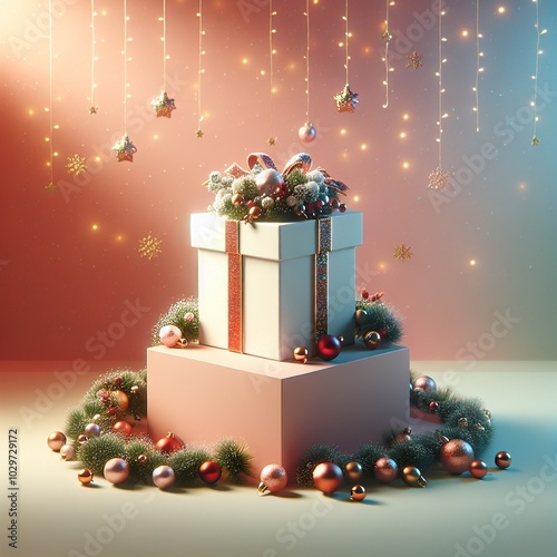 Christmas gift box with garlands on a colorful background	