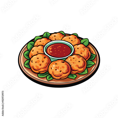 Realistic vector illustration of Thai shrimp cakes, tod mun go, on a wooden plate with a dipping sauce.