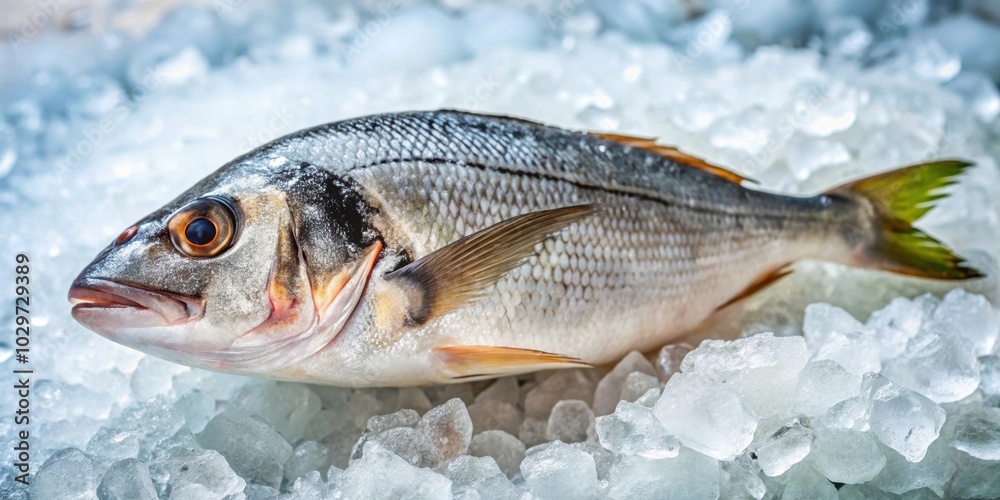 Fresh whole fish with ice cubes on display in a seafood market, fresh, fish, seafood, market, display, ice cubes Fresh whole fish with ice cubes on display in a seafood market, fresh, fish, seafood, market, display, ice cubes