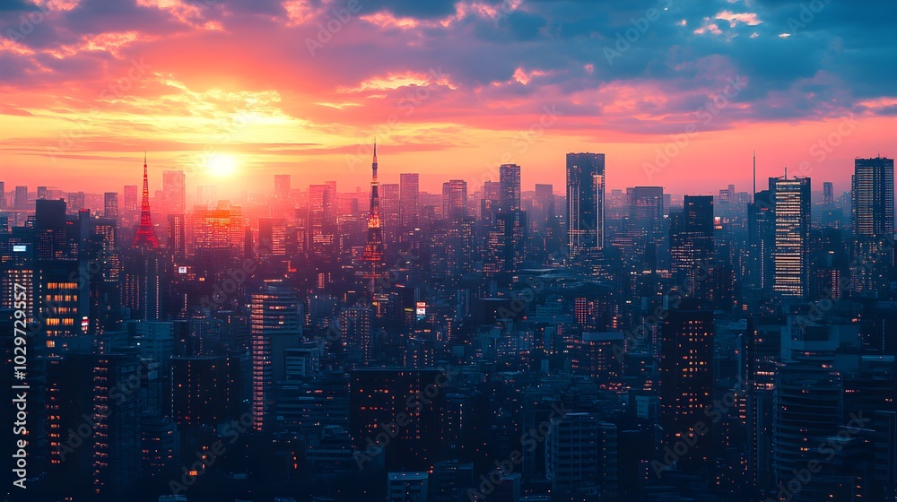 Fototapeta premium Vintage city skyline, with futuristic buildings in soft neon hues and streets decorated with expressive, large-scale street art murals