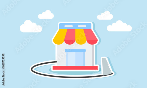 A saw cutting around a store, illustration of closing a marketplace business that is not growing