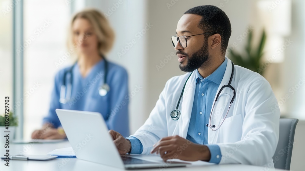 Diverse healthcare workers in a telemedicine session, managing patient care remotely with digital tools telemedicine, remote healthcare