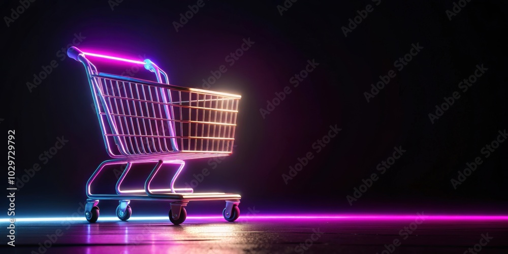 Dark neon light effect on a shopping cart in a rendering, Neon, Shopping cart, Dark, Lights, Effect, rendering Dark neon light effect on a shopping cart in a rendering, Neon, Shopping cart, Dark, Lights, Effect, rendering