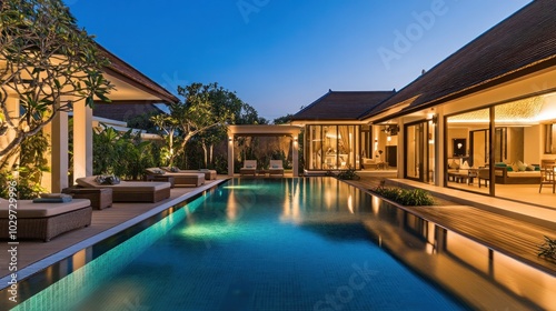 Luxury pool design with elegant furniture, chic deck decor, and ambient lighting