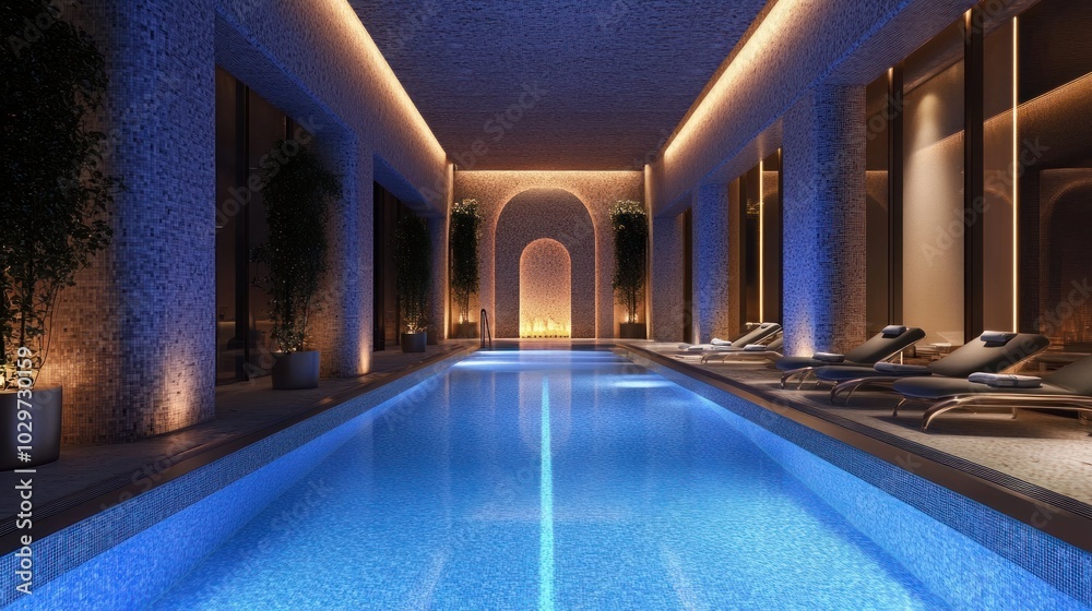 Fototapeta premium Luxury swimming pool with elegant tile design, vibrant lighting, and sleek poolside decor