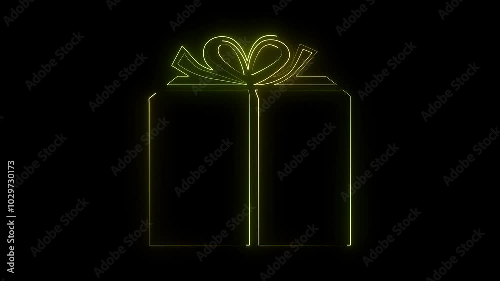 Glowing neon sign gift box icon on black background