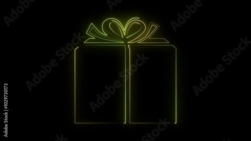 Glowing neon sign gift box icon on black background