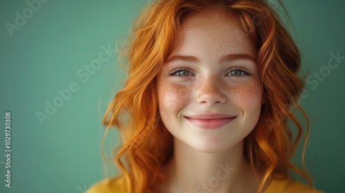 energetic teenage girl with bright ginger hair smiling and pointing excitedly at a blank space embodying joy and wonder set against a vibrant green background emphasizing her enthusiasm