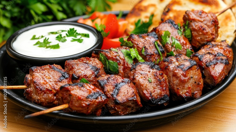 Grilled Lamb Kebabs with Yogurt Sauce on Platter Grilled Lamb Kebabs with Yogurt Sauce on Platter