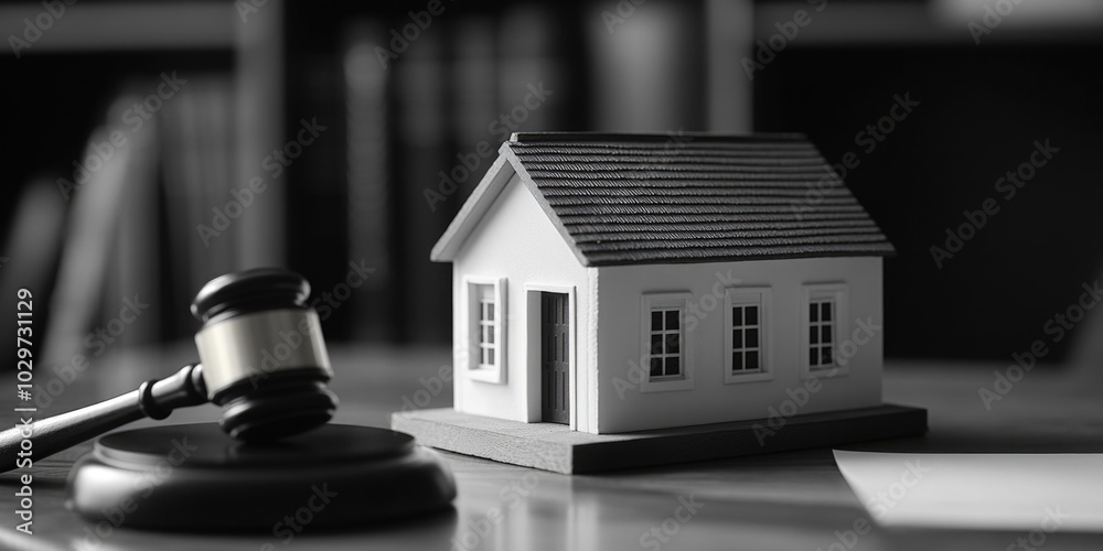 Elegant Legal Scene - Miniature Model with Judges Gavel and Home Elegant Legal Scene - Miniature Model with Judges Gavel and Home