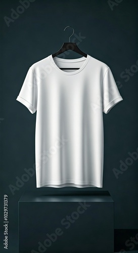 cotton t-shirt hanging on minimalist black hanger against dark background. Clean, versatile apparel mockup for fashion branding