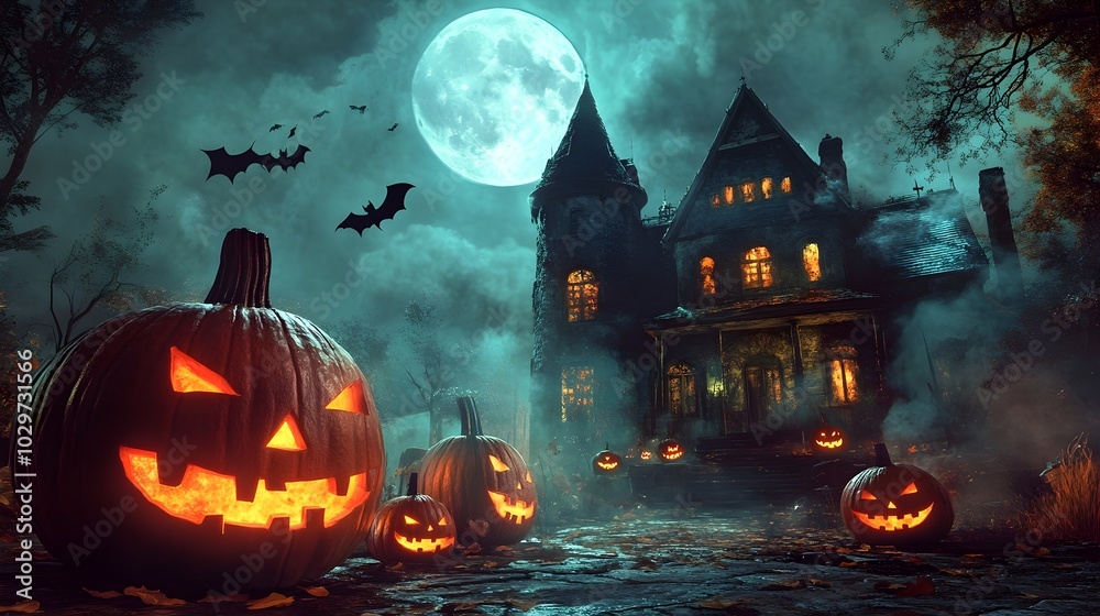 Jack-o-lanterns in front of haunted halloween house with bats and moon on the sky Jack-o-lanterns in front of haunted halloween house with bats and moon on the sky