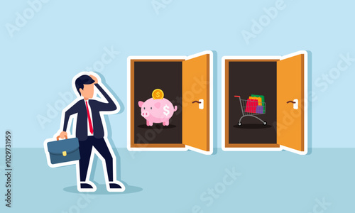 A businessman is confused between two doors, one with a piggy bank and the other with a shopping cart, illustration of the dilemma of choosing between investing or personal spending