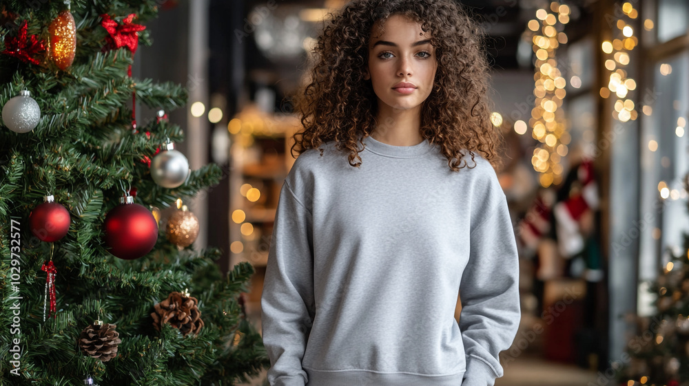 Young woman in a cozy gray sweatshirt stands near a decorated Christmas tree in a festive setting Young woman in a cozy gray sweatshirt stands near a decorated Christmas tree in a festive setting