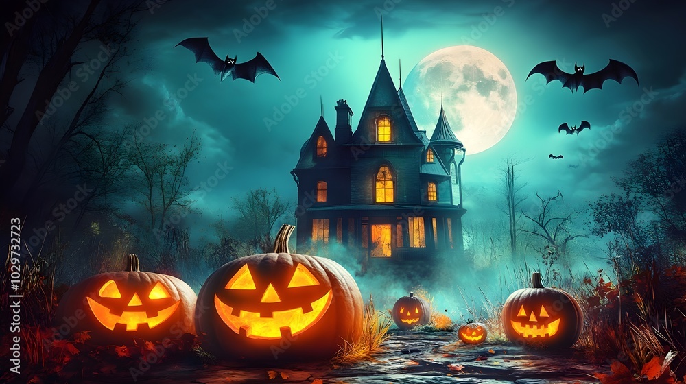 Jack-o-lanterns in front of haunted halloween house with bats and moon on the sky Jack-o-lanterns in front of haunted halloween house with bats and moon on the sky