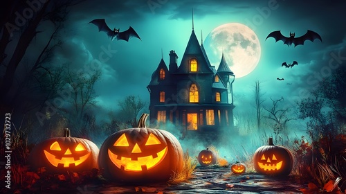 Jack-o-lanterns in front of haunted halloween house with bats and moon on the sky