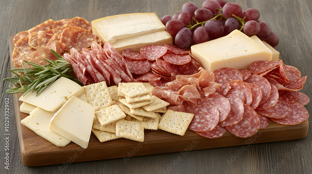 Delicious Charcuterie Board with Salami, Cheese, and Crackers Delicious Charcuterie Board with Salami, Cheese, and Crackers