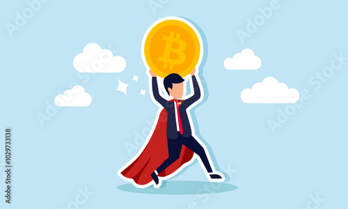 A super businessman carrying a giant bitcoin, illustration of a massive collection of bitcoin assets