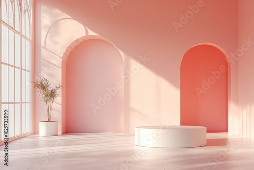 Pink room with round table and plant in corner.