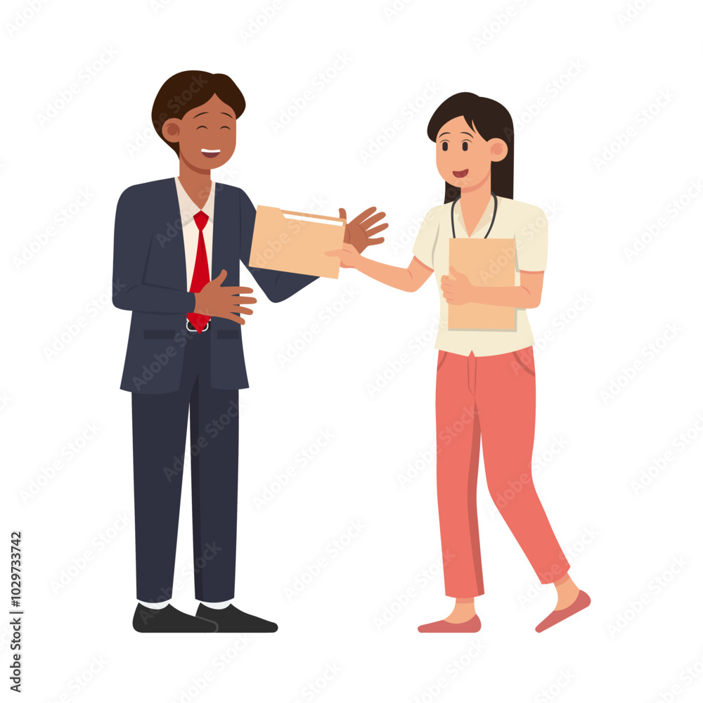 Company Officer Character Woman and Man Discussing Company Officer Character Woman and Man Discussing