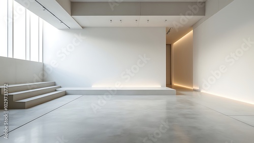 A modern, empty gallery interior with white walls and spotlights on a plain background, concept of an exhibition space. 3D Rendering