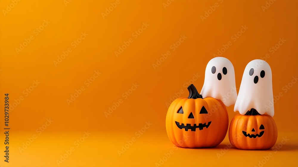Halloween ghosts with funny pumpkin on orange background. Happy halloween holiday concept Halloween ghosts with funny pumpkin on orange background. Happy halloween holiday concept