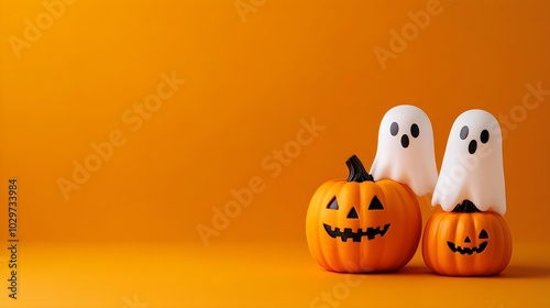 Halloween ghosts with funny pumpkin on orange background. Happy halloween holiday concept