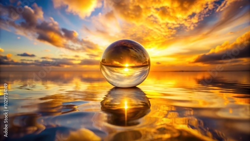 Golden sunset clouds reflecting in a water droplet, creating a mesmerizing and mind-expanding view , water droplet, magnifying