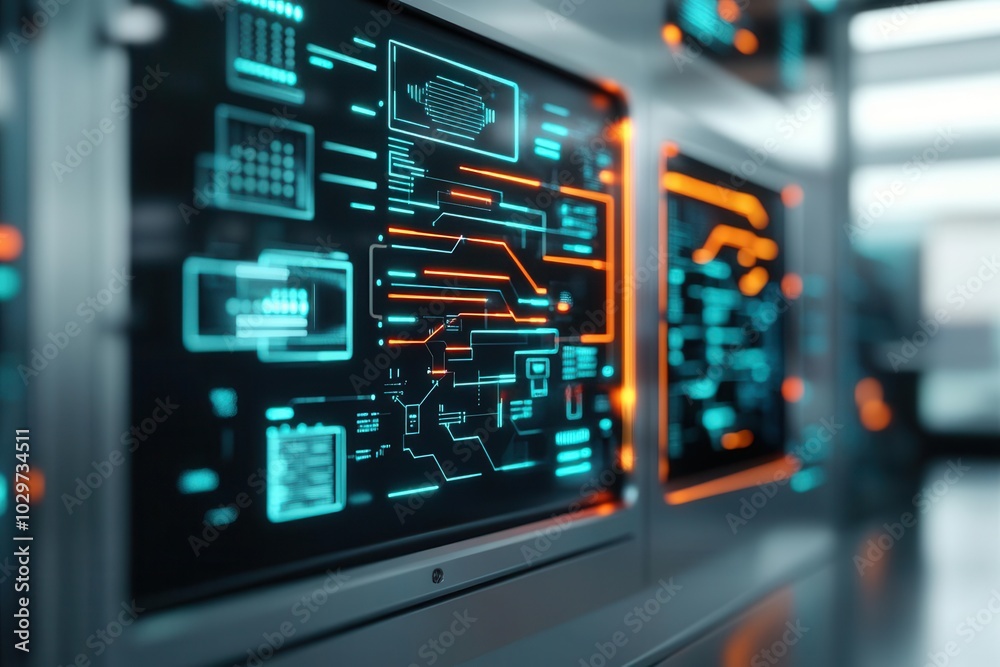Risk control system, virtual holographic panels, sleek office backdrop, neon circuit data flow Risk control system, virtual holographic panels, sleek office backdrop, neon circuit data flow