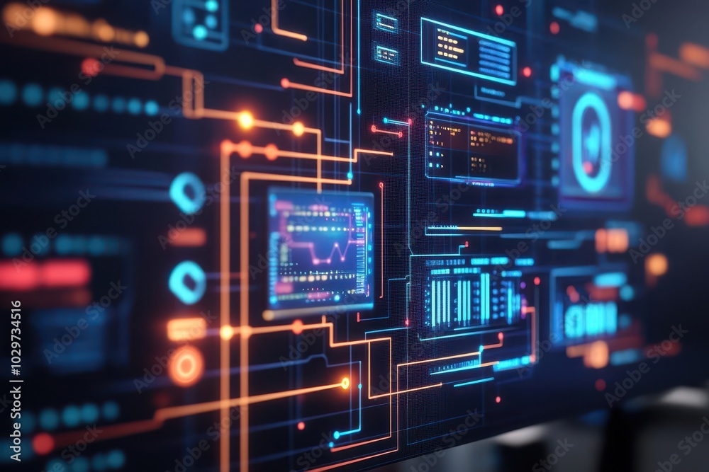 Risk control system, virtual holographic panels, sleek office backdrop, neon circuit data flow Risk control system, virtual holographic panels, sleek office backdrop, neon circuit data flow
