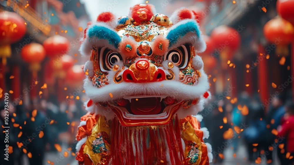 Fototapeta premium A dragon costume with red and blue feathers is standing in front of a crowd of people. The dragon is surrounded by red lanterns, which create a festive atmosphere