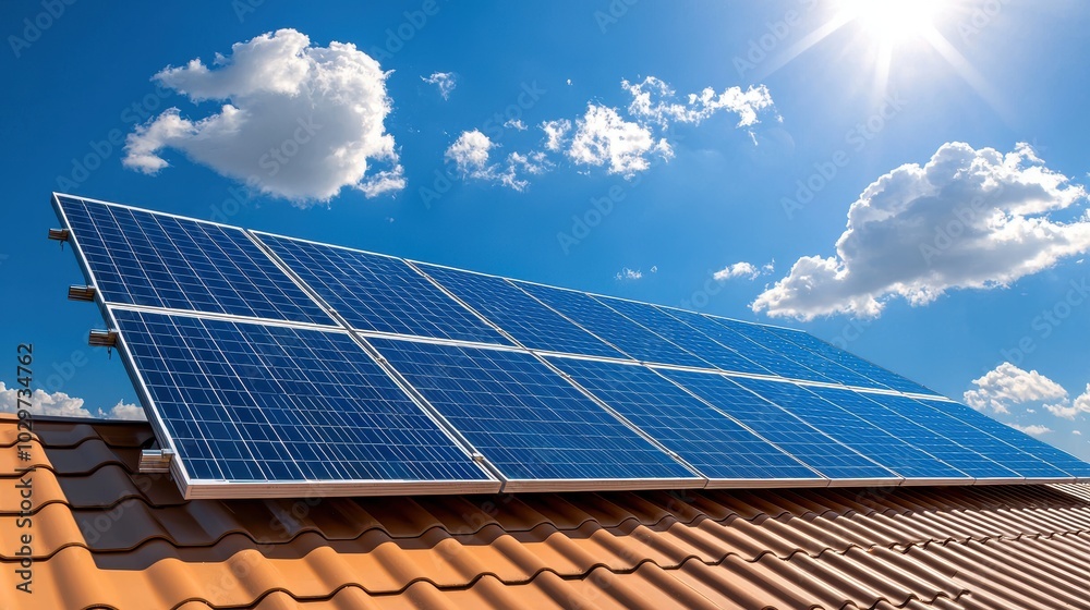 Solar Panels on Roof Under Bright Blue Sky Solar Panels on Roof Under Bright Blue Sky