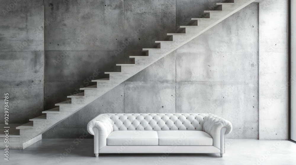Minimalist staircase against a concrete wall in a loft living room, featuring a white sofa Minimalist staircase against a concrete wall in a loft living room, featuring a white sofa